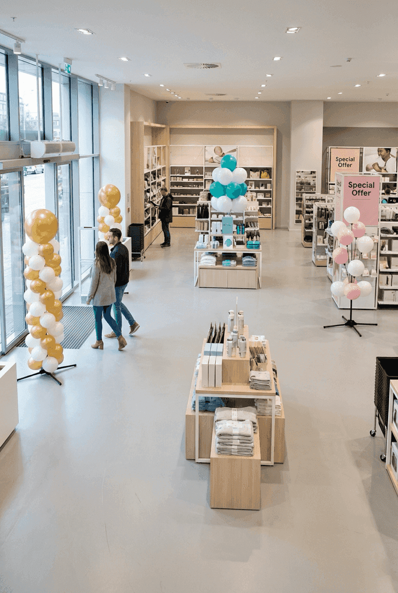 Aménagement complet du commerce de détail avec un pilier de ballons PilaMania à l'entrée, une grappe de ballons sur un présentoir et une fontaine de ballons dans un coin promotionnel