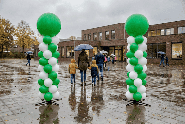 Colonnes de ballons résistantes aux intempéries aux couleurs de l'établissement devant le bâtiment scolaire pour les portes ouvertes