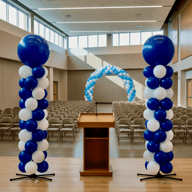 Amphithéâtre scolaire entièrement décoré de colonnes de ballons aux couleurs de l'établissement pour la remise des diplômes