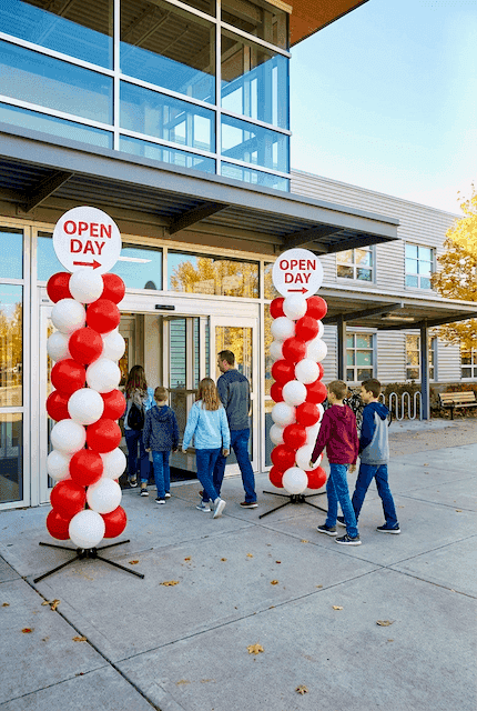 Colonnes de ballons colorées aux couleurs de l'établissement de part et d'autre de l'entrée pour les portes ouvertes