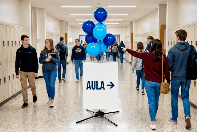 Balloon Signage Display avec nom de faculté et couleurs d'établissement comme point de repère sur un campus universitaire