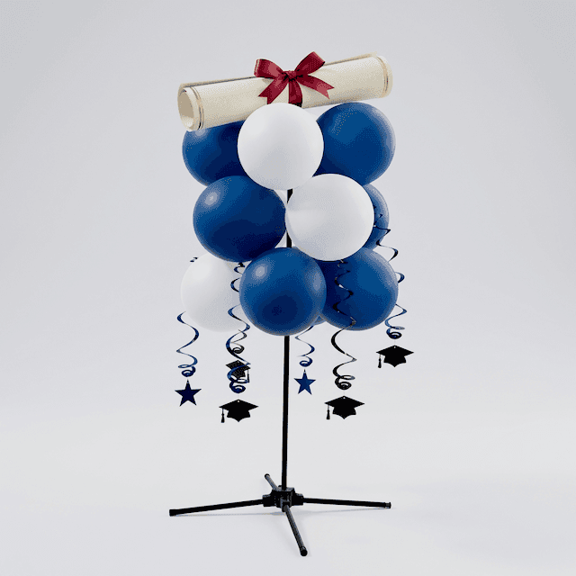 Grappe de ballons PilaMania sur pied avec chiffre doré 2025 comme topper pour la remise des diplômes de l'année scolaire
