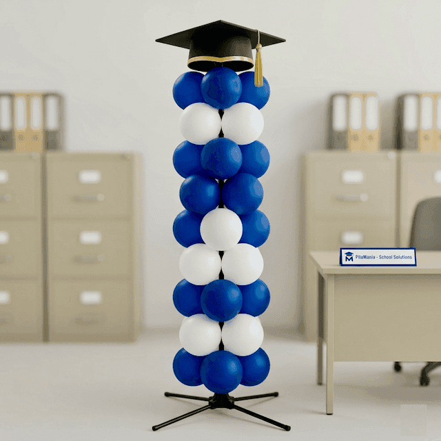 Colonne de ballons PilaMania décorée d'une écharpe aux couleurs et logo de l'établissement pour la remise des diplômes