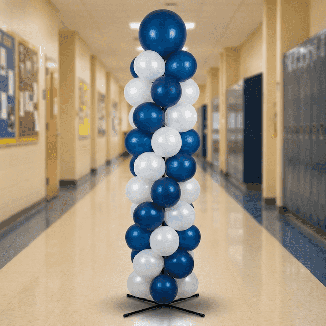 Colonne de ballons aux couleurs de l'établissement près de la scène pour la remise des diplômes
