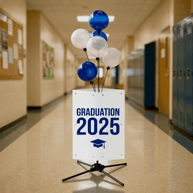 Balloon Signage Display avec nom de faculté comme point de repère lors des portes ouvertes scolaires