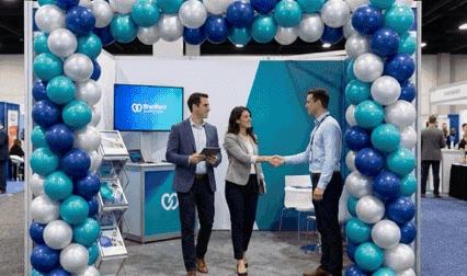 Colonnes de ballons sur un stand lors d’un événement professionnel