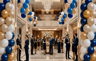 Colonnes de ballons dans le hall d'un hôtel lors d'une réception professionnelle