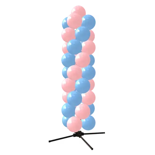 Colonne de ballons PilaMania en rose et bleu sur son pied, sans décor