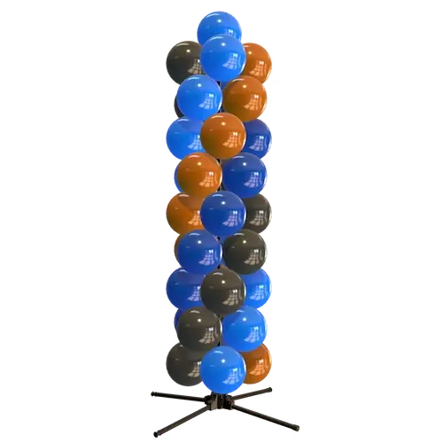 Colonne de ballons PilaMania en bleu, anthracite et cuivre sur son pied, sans décor