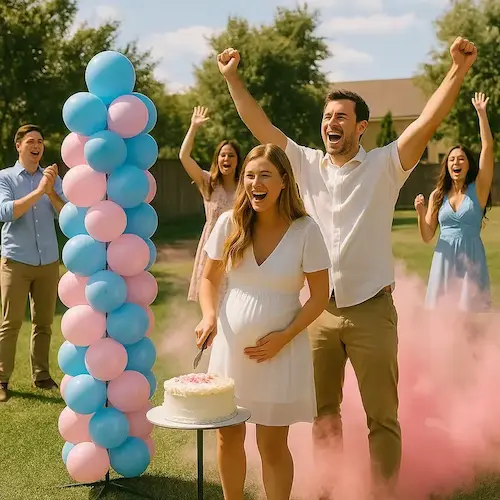 La même colonne lors d’une gender reveal au jardin, parmi des invités qui applaudissent