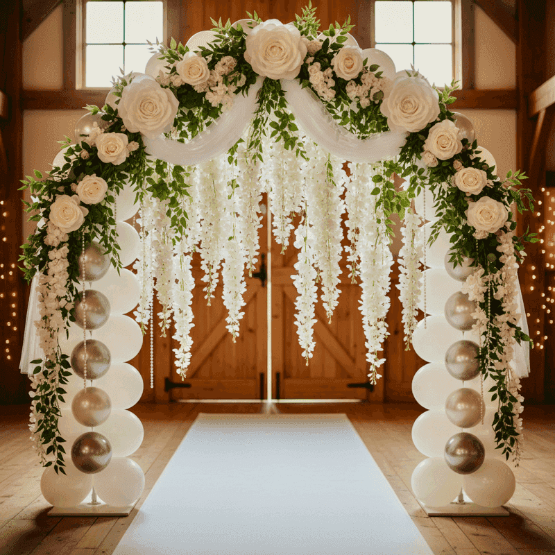 Arche de ballons blancs décorée de roses et de verdure suspendue lors d'une cérémonie