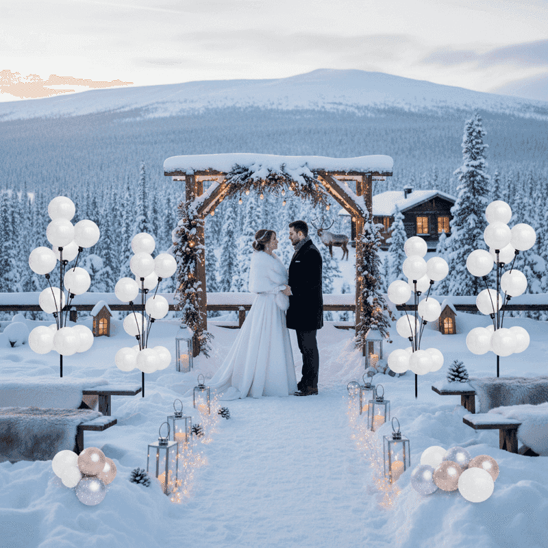 Cérémonie de mariage d'hiver avec des piliers de ballons dans un paysage enneigé