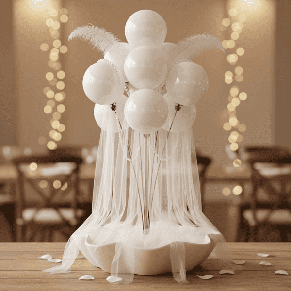 Centre de table de mariage avec fontaine de ballons, tulle, plumes et pied décoratif
