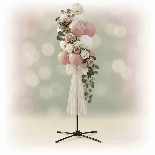 Grappe de ballons décorée de façon romantique avec un topper de mariée, du tulle et des perles