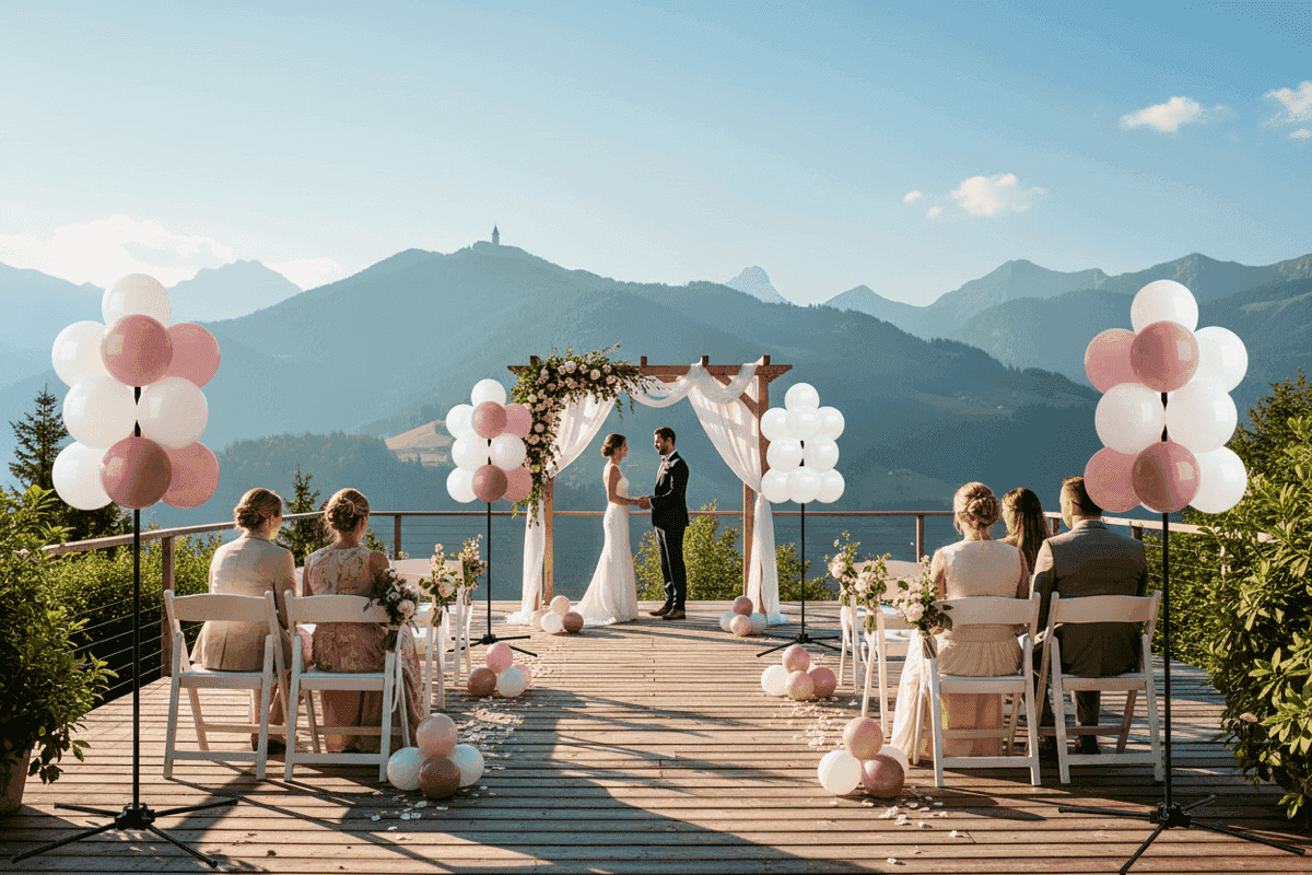 Cérémonie de mariage en montagne avec des grappes de ballons roses et blancs