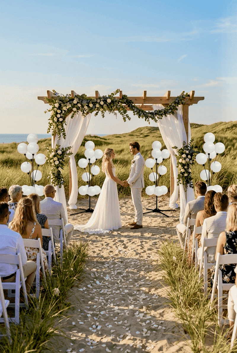 Cadre de mariage complet avec des décorations PilaMania : arche, piliers et fontaines
