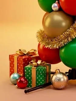 Cadeaux emballés au pied d’une colonne de ballons aux couleurs de Noël