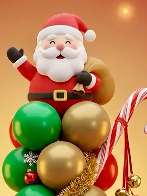 Père Noël en cime au-dessus de ballons rouges, verts et dorés