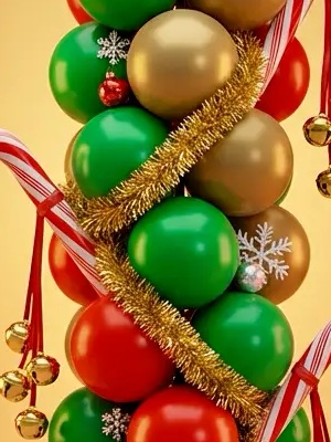 Guirlande dorée enroulée en diagonale autour de ballons verts et dorés