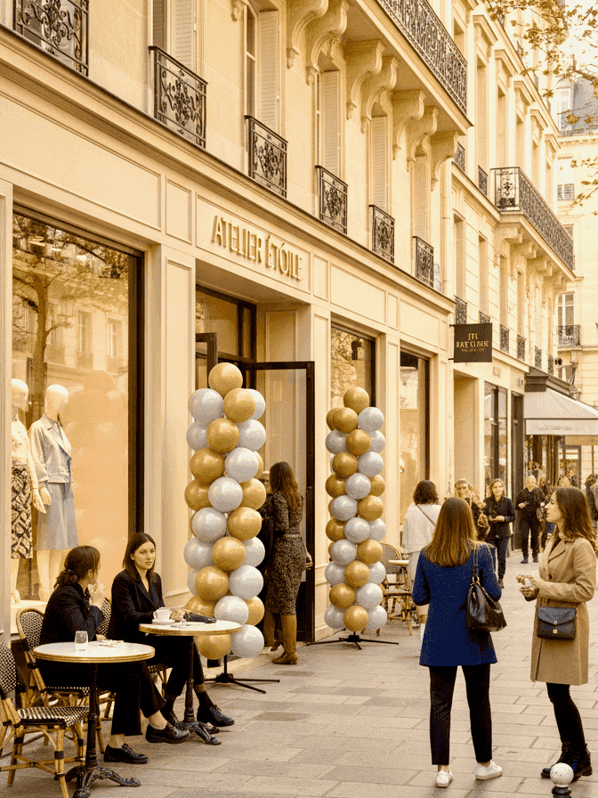 Deux colonnes de ballons or et argent à l’entrée d’une boutique de luxe