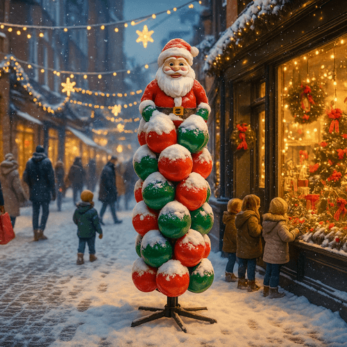 Colonne de ballons avec un père Noël au sommet, sous la neige, devant une boutique d’une rue commerçante