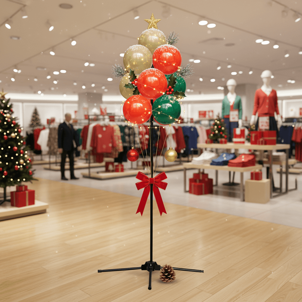 Grappe de ballons avec un nœud rouge et une étoile dorée dans un magasin de vêtements décoré pour Noël