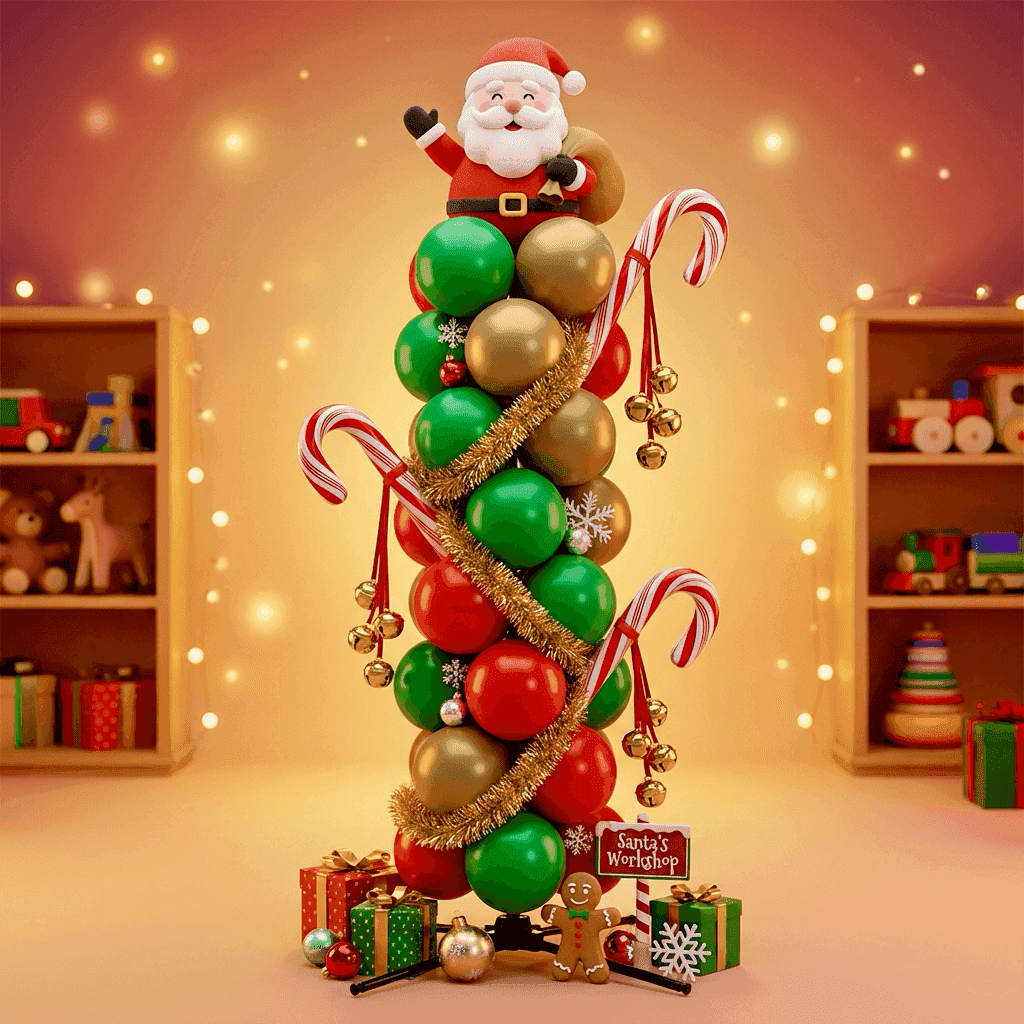 Colonne de Noël avec ballons rouges, verts et dorés, guirlandes et cadeaux dans un magasin de jouets
