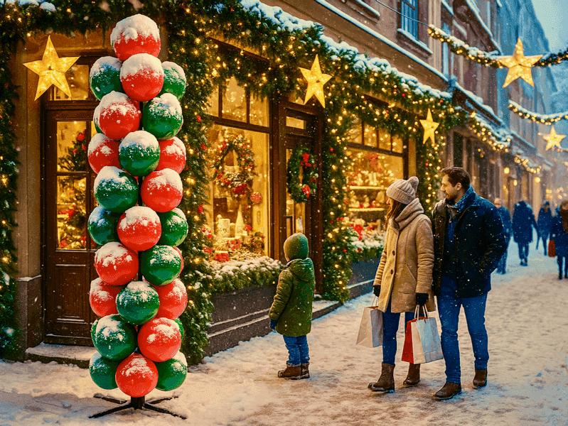 Colonne de ballons avec un père Noël au sommet, sous la neige, devant une boutique d’une rue commerçante