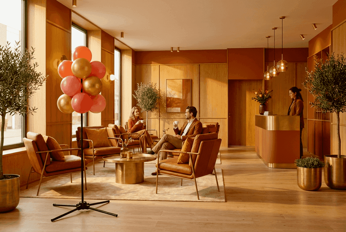 Intérieur de restaurant à la lumière chaude avec une décoration de ballons au bar