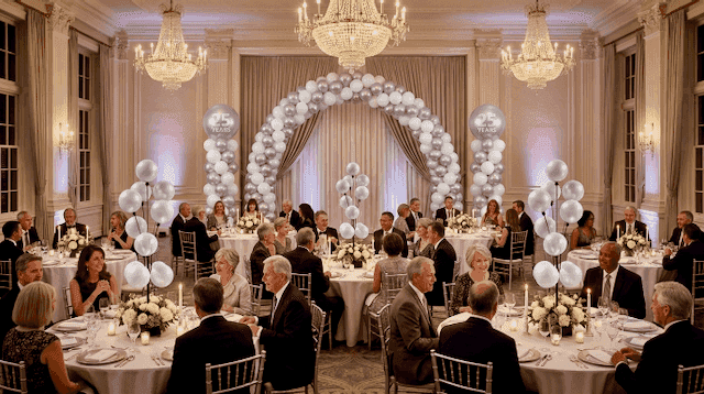 Salle d’hôtel dressée pour une fête avec une décoration de ballons dorés