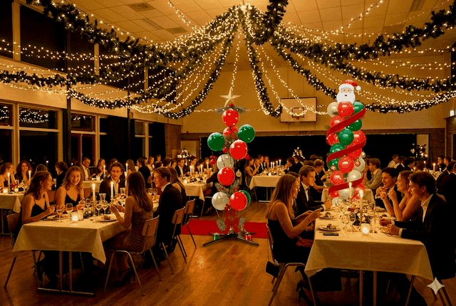 Gala de Noël dans une salle avec lumières, verdure et deux colonnes de ballons aux couleurs de Noël