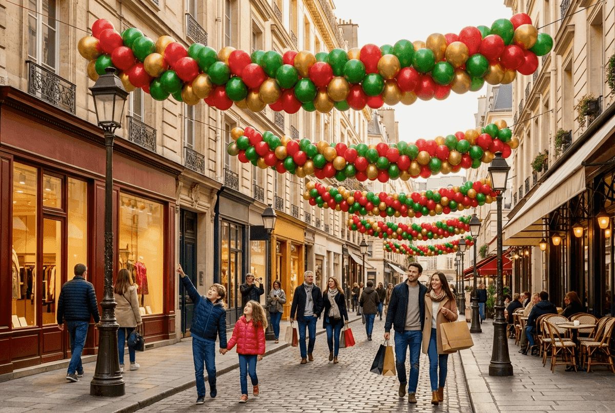 Guirlandes de ballons rouges, verts et dorés tendues au-dessus d’une rue commerçante animée