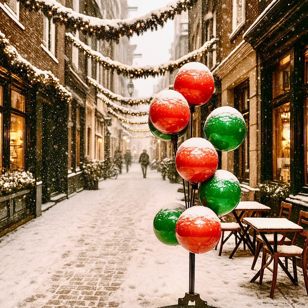 Fontaine de ballons aux boules rouges et vertes couvertes de neige dans une rue commerçante sous la neige