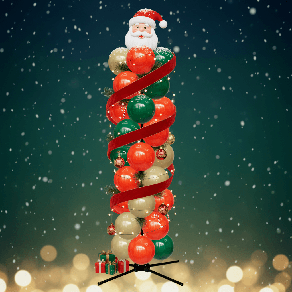 Colonne de ballons en rouge, vert et or avec un ruban rouge, des guirlandes lumineuses et un père Noël au sommet