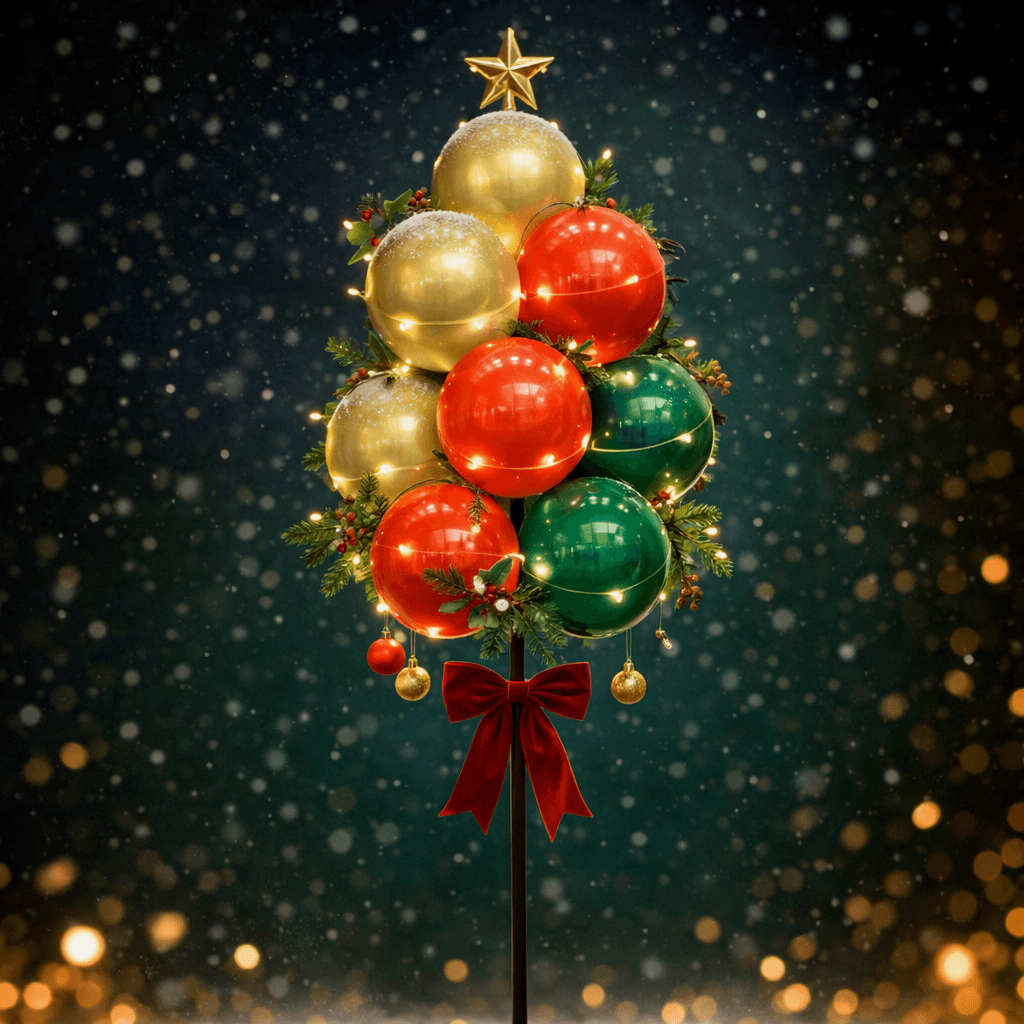Grappe de ballons en forme de petit sapin de Noël avec des boules dorées, rouges et vertes, des guirlandes lumineuses et une étoile dorée